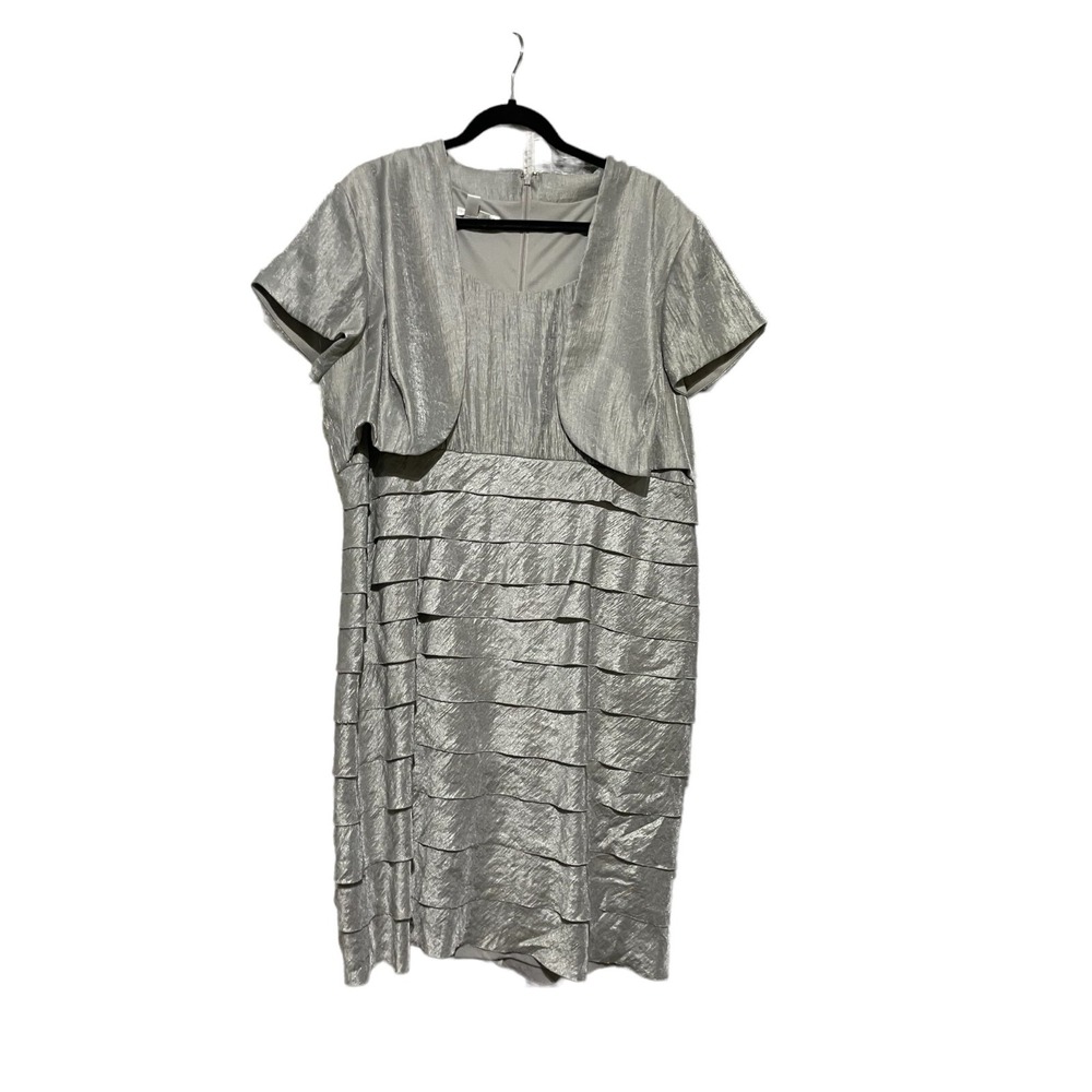London‎ Times Woman Silver Tiered Ruffle Dress Attached Bolero Metallic 18W
